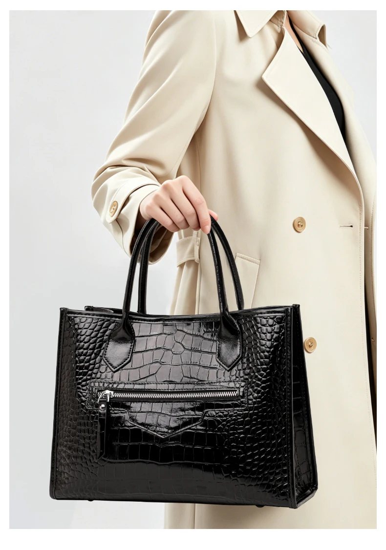 Damen-Ledertasche mit Krokodilmuster, Henkeltasche mit Reißverschluss vorne, Umhängetasche für die Arbeit – Detail 3