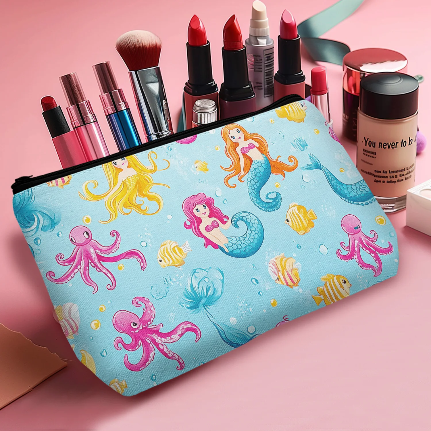 1Pc Mermaid Print Cosmetic Bag Women'S Casual Makeup Pouch Portable Versatile Organizer Outdoor Garden Dating 8.66x5.51Inch