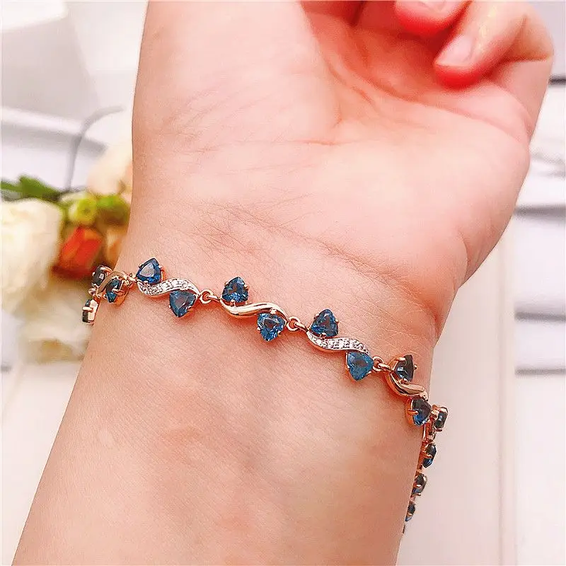 585 Purple Gold inlay Diamond Triangle Blue Gem Bracelets for women Fashion Plated 14K Rose Gold winding bangles Wedding Jewelry view 2