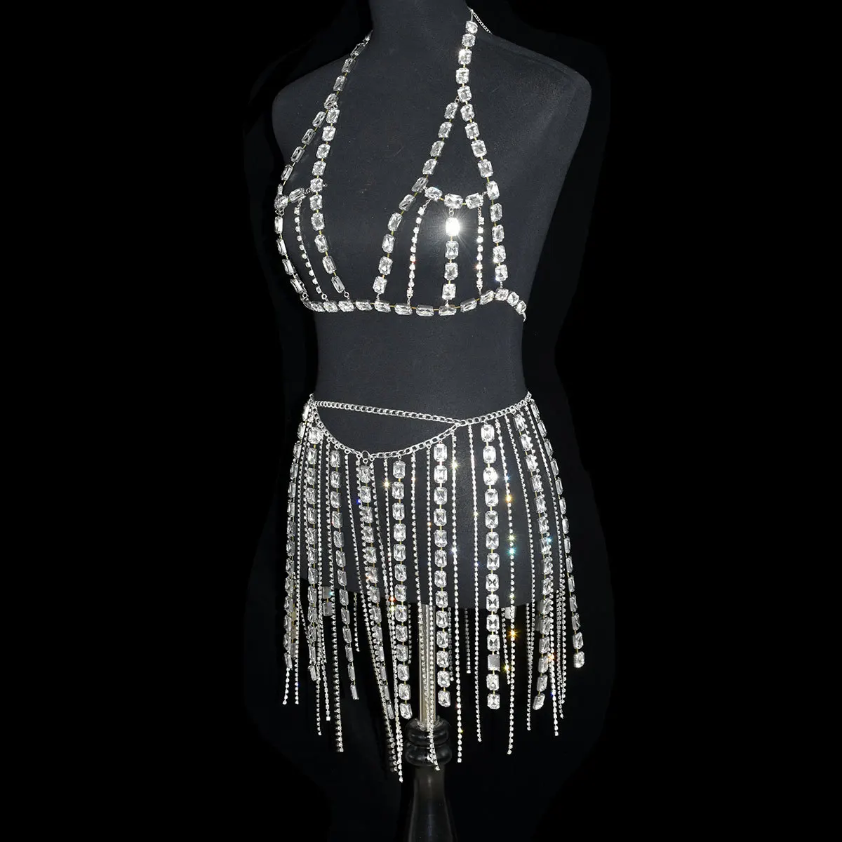 

2024 body chain New women's fashion Fringe skirt bra set body chain accessories