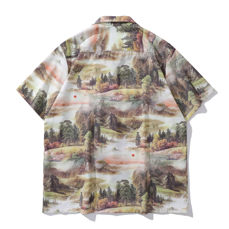 Full Print Beach Shirts Men Summer Front Pocket Men's Shirts Male Top