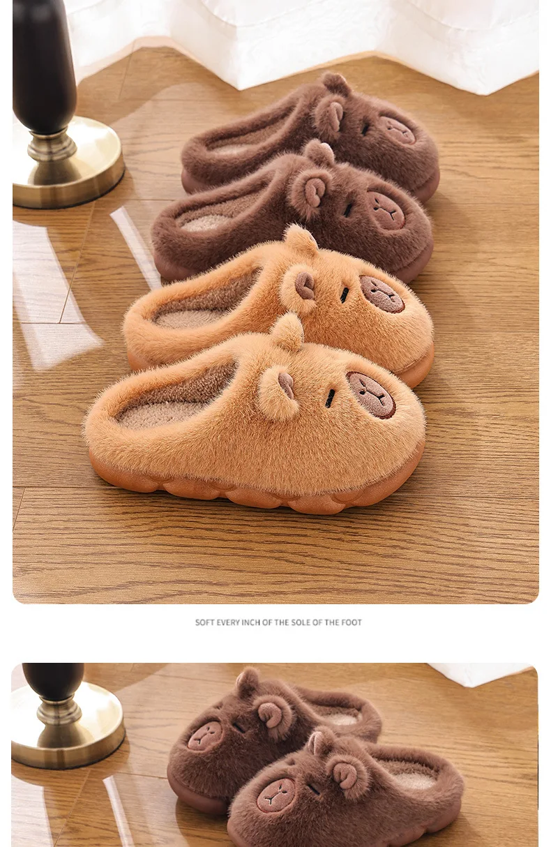 Niedliche Capybara-Baumwollhausschuhe für Damen, Wintermode, warme, flauschige Heimschuhe für Paare, rutschfeste Plüsch-Bodenschuhe für Kinder – Detail 10