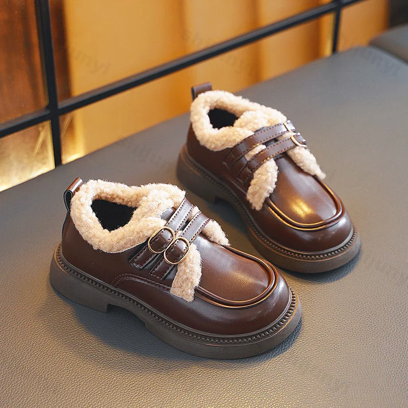 Children Leather Shoes 2025 Winter British Style Thick Soled Girls Shoes Plush School Casual Loafers Warm Thicken Cotton Shoes