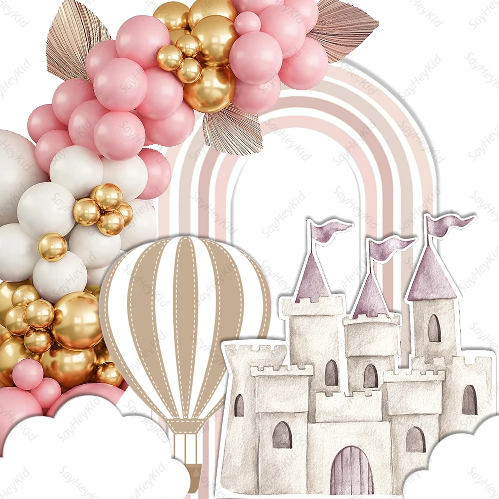 36/67Inch Pink Castle Kt Board Hot Air Balloon Cutour Baby Shower Birthday Girls Boho Party Backdrop Photo Props Cardboard Decor