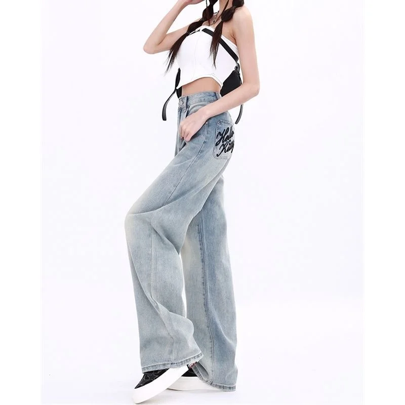 New Sanrio Hello Kitty Embroidery Jeans Women Vintage Straight Denim Pant Woman Korean Fashion Winter Blue High Waist Trousers