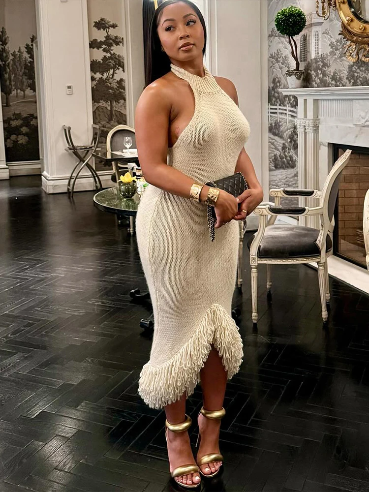 فستان متماسك بدون ظهر للنساء بدون أكمام مع رسن صيفي مثير بشراشيب بحاشية غير منتظمة فساتين حفلات محببة قابلة للتمدد