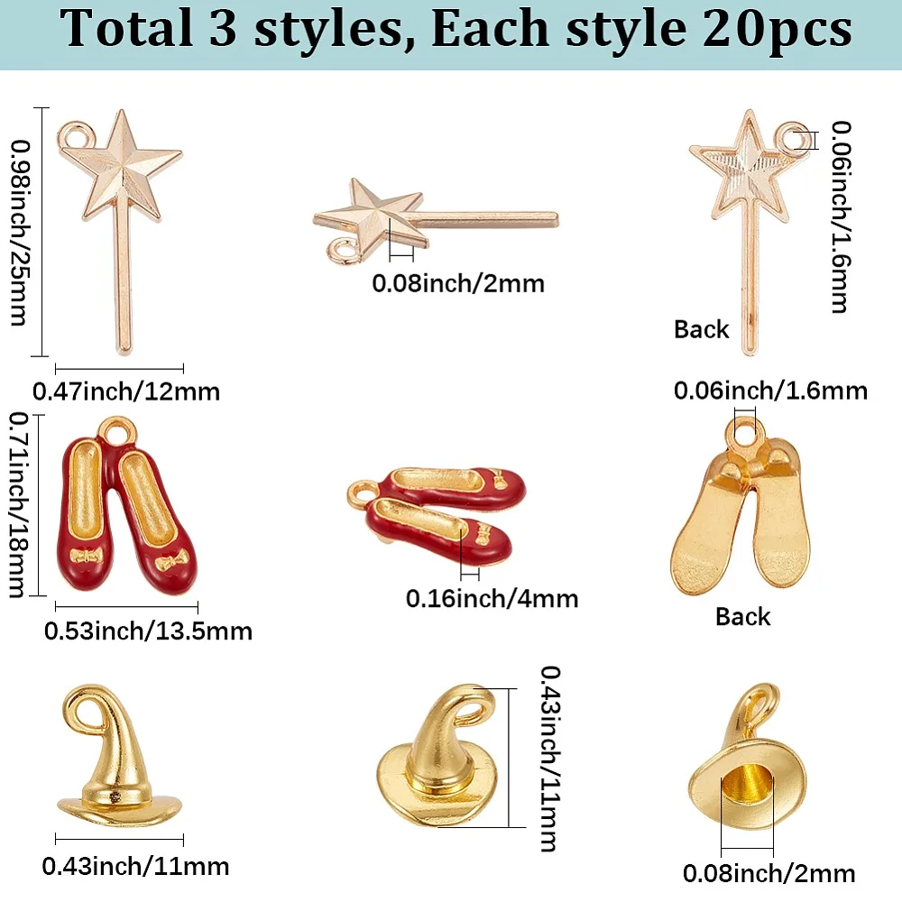 60 piezas, 3 estilos, colgantes de aleación esmaltada, zapatos de tacón alto, sombrero de estrella, colores mixtos, 11~25x11~13.5x2~4mm, agujero: 1.6~2mm, 20 piezas/estilo