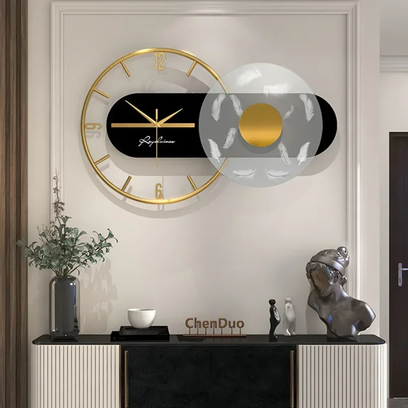 60x36cm Large Wall Clock Modern Design Feather Luxury Light Silent Metal Wall Watch Home Decor Living Room Dining Room Clocks