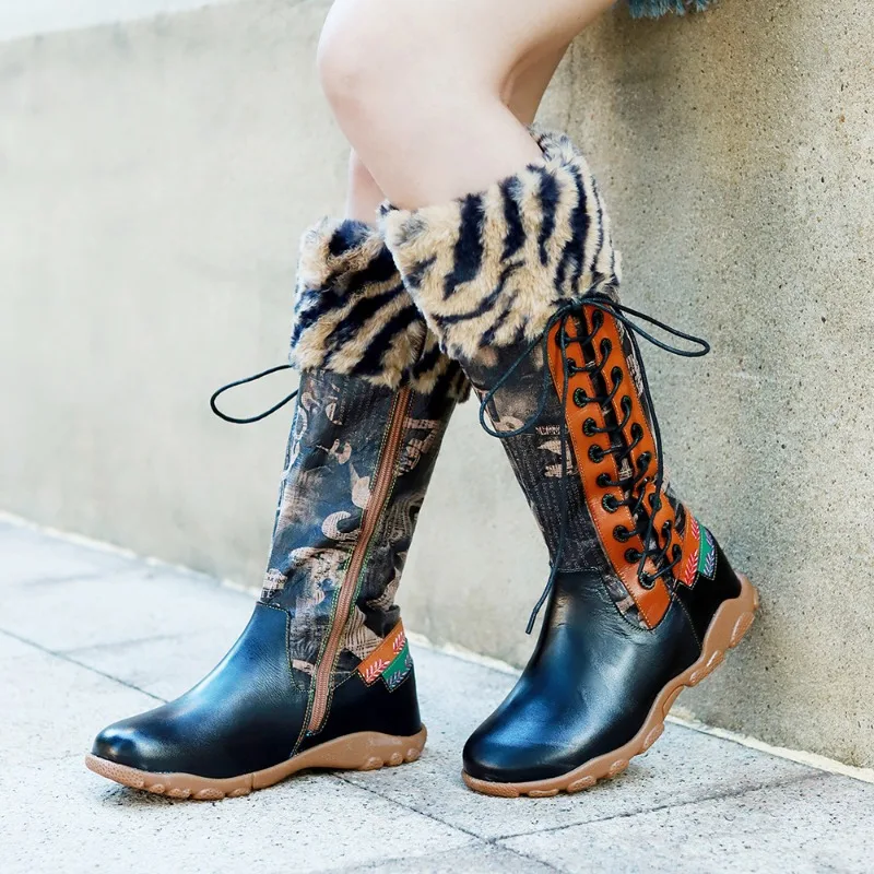 

Women Winter Genuine Leather Printed Splicing Round Toe Mature Winter Side Zipper Flat with Knee-High Lace Up Colorful Boots