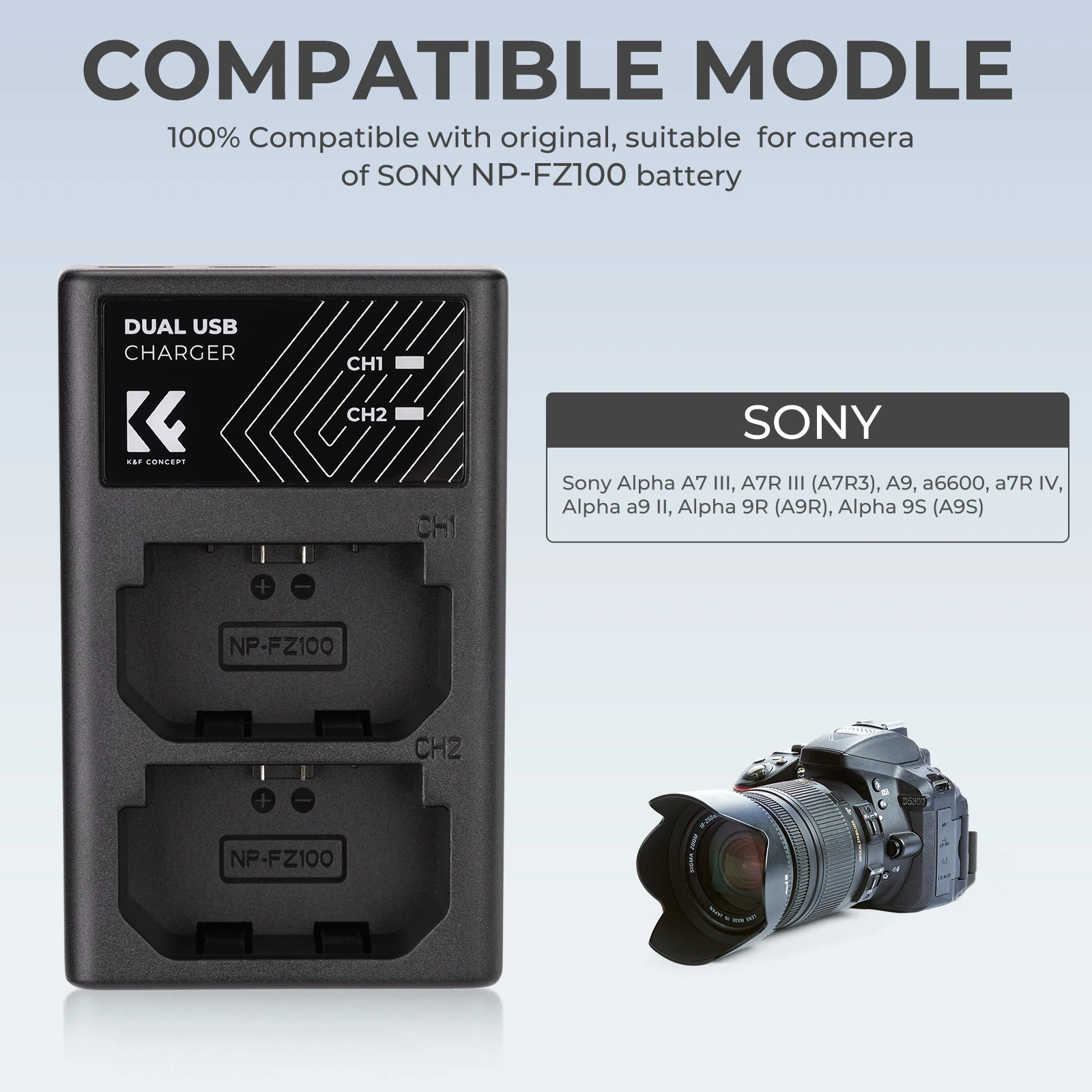 K & fコンセプトカメラバッテリー充電器、Sony A9、a7m4、a7r5、a7c、zve1、a6700、a7iii、a7 iii、fx30、NP-FZ100に適合
