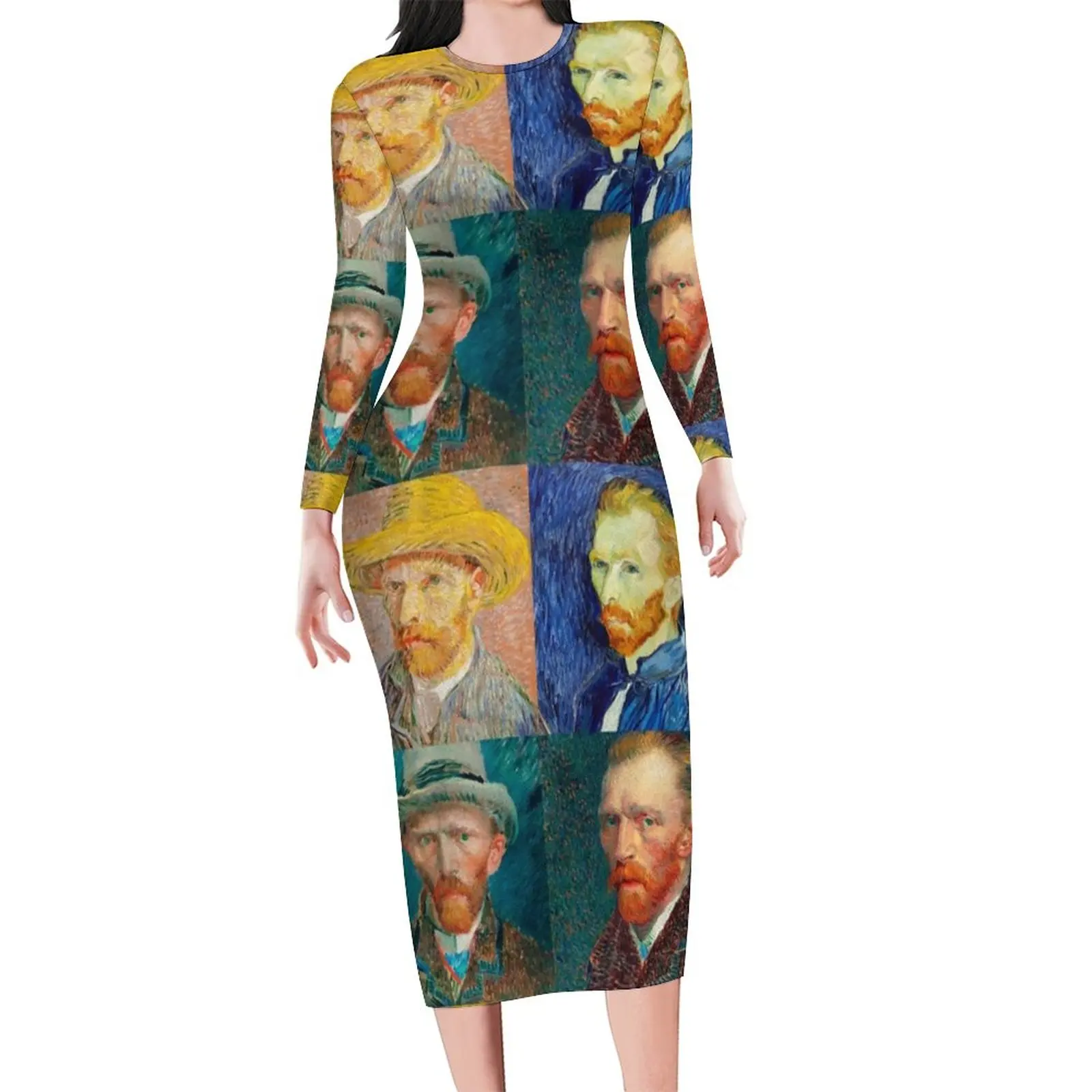 Van Gogh Bodycon Dress Womens Self-Portrait Collage Modern Dresses Autumn Long Sleeve Aesthetic Graphic Dress Large Size