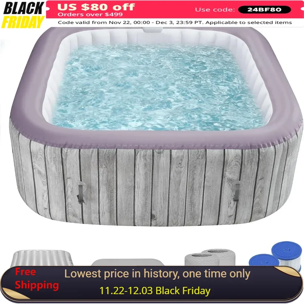 73" Hot Tub Inflatable，with 130 Air Jets,for 4-6 Person,Fastfill Inflation System,Insulation Lid for Patio,Square Hot Tub