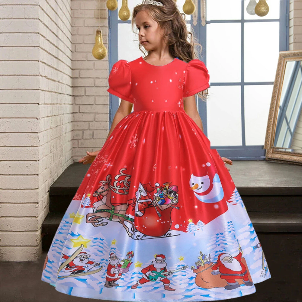 Weihnachtsmann Schlitten Hirsch Weihnachtsdruck Party Mädchen Kleider Cosplay Kostüm Elegante Brautjungfern Prinzessin Kleid Mädchen Geburtstagskleid