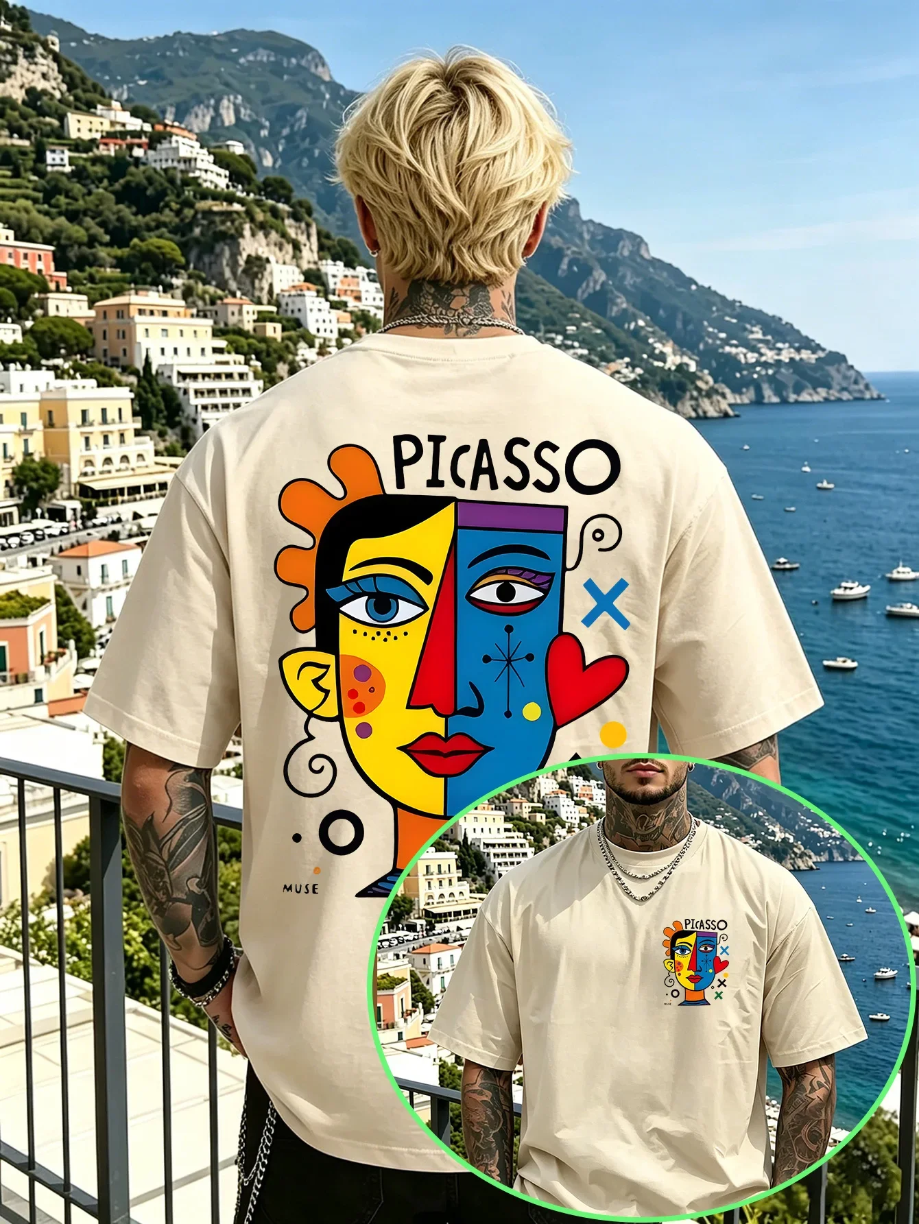 Men Cubism Abstract Portrait Graphic Tee Double‑Sided Colorful Geometric Face Art Print Streetwear Short‑Sleeve T‑Shirt
