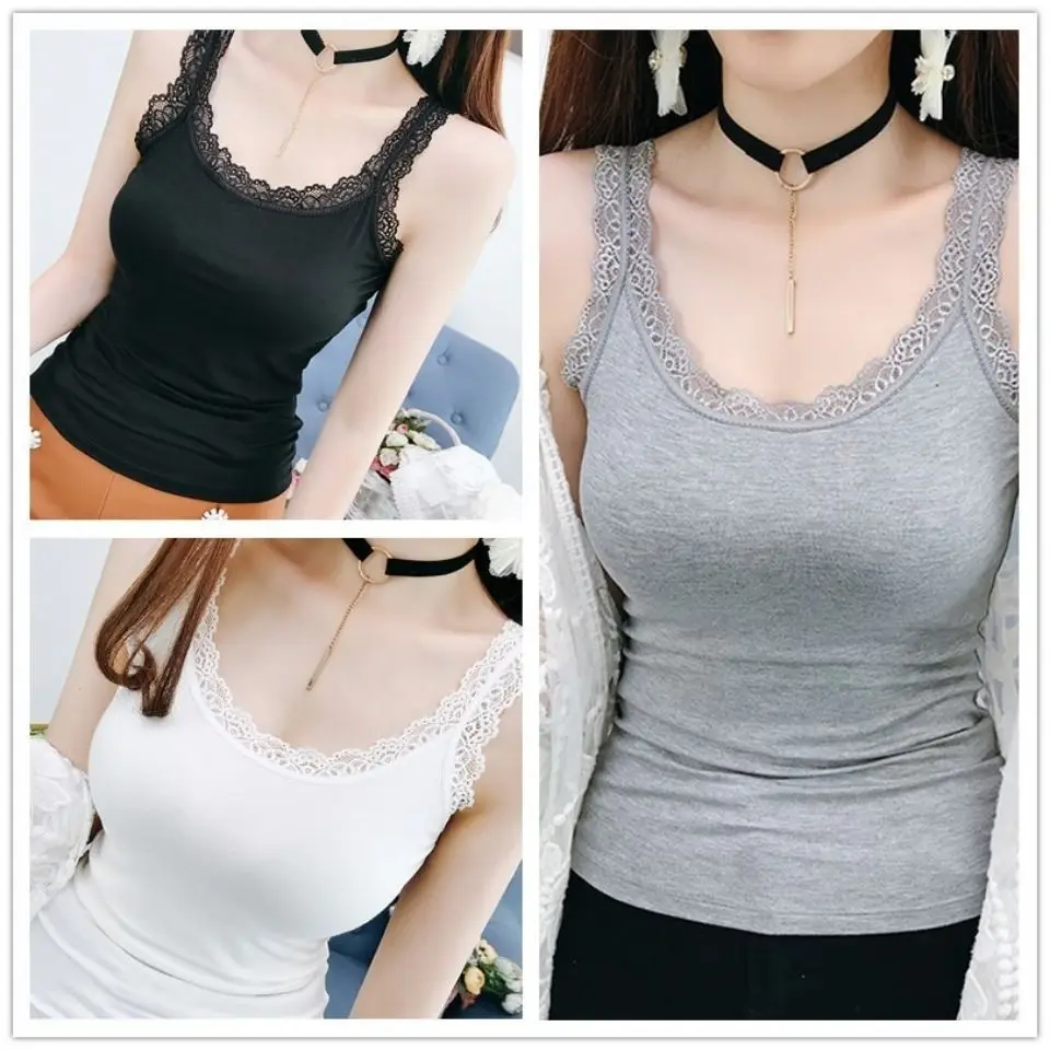 Cross-border hot selling sweet lace spliced   camisole women's spring and summer Korean style thin style inner sleeveless vest