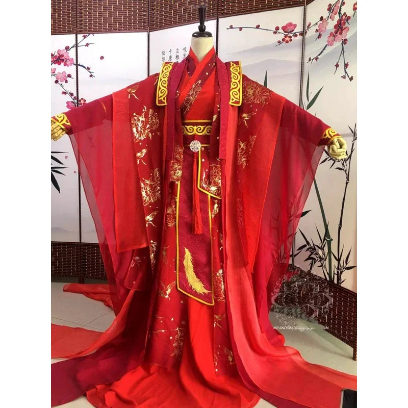 Kostum Cosplay Anime Mo Dao Zu Shi Lan Wangji Kostum Hua Cheng Kostum Gaun Pengantin Merah Hanfu Dewasa Pria Tradisional Tiongkok