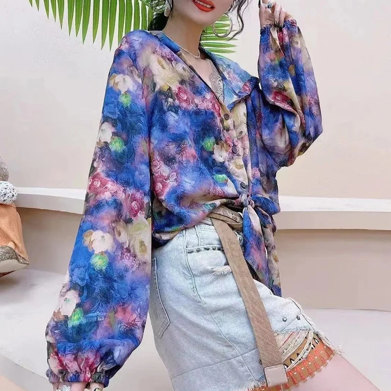 Women Vintage Floral Print Hooded Thin Sunscreen Shirts Summer Fashion Lace Up Loose Long Sleeve Blouses Streetwear Casual Tops