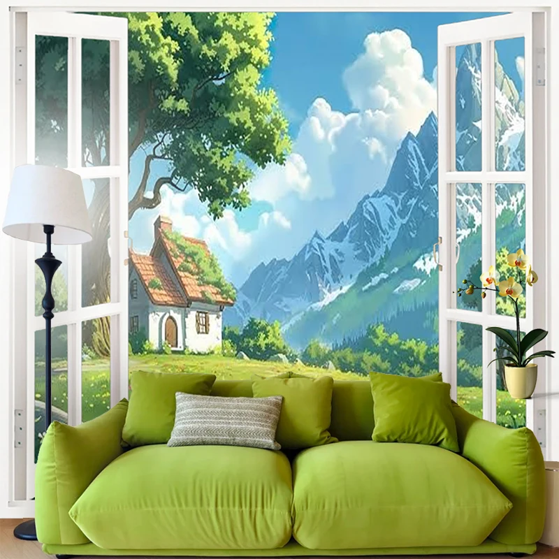 1PC Digital Print Tapestry Wall Hanging, Fake Window Dense Green Forest Canopy Art, Nature Scenery 3D Window Wall Art Decor