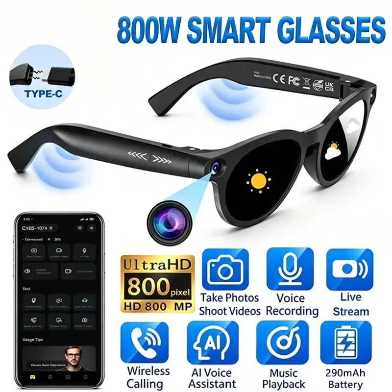 New 800W Pixel AI Smart Glasses Tiktok Live Stream HD Camera Photography & conversation Translation Recognition Smart Glasses