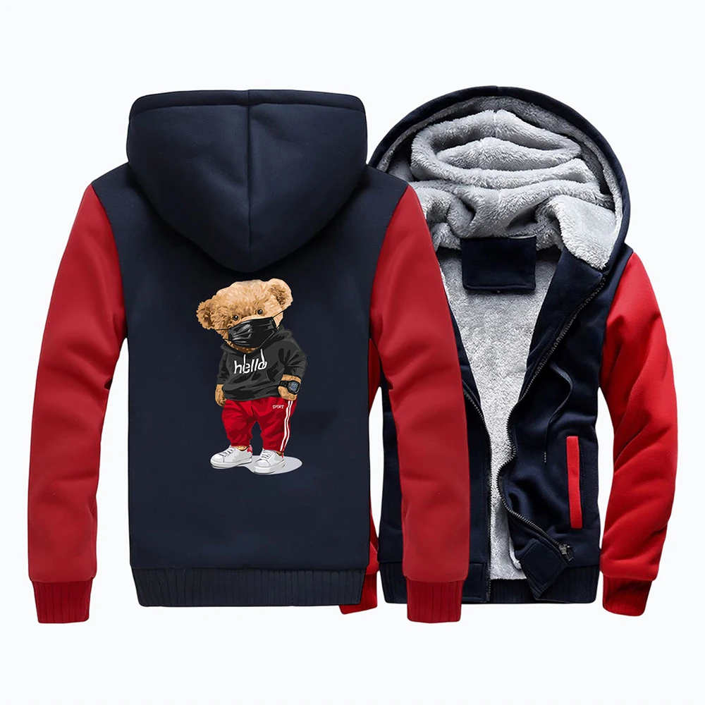 Fashion Cartoons Bear Design Mens Raglan Thick Sweatshirt Men Zip Jacket Winter Hoody Fleece Warm Casual Streetwear