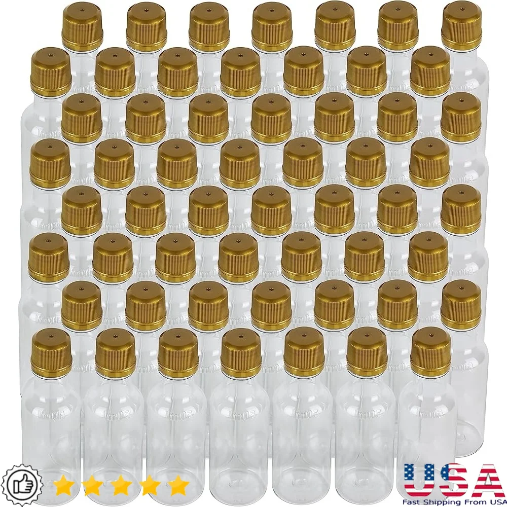 

Clear PET Plastic Bottles 50ml 120 Pack Tamper Evident Caps Leak Proof Food Grade Mini Liquor Wellness Shots Container
