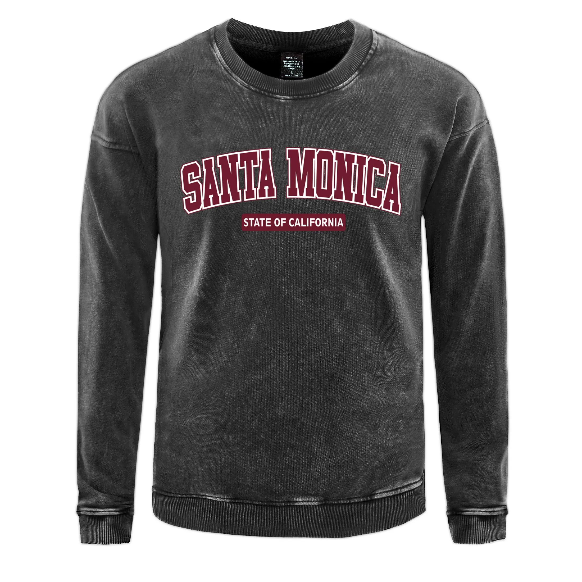 Santa Monica State Of California Men Retro Snow Wash Pullovers O-Neck Washed Sweatshirt Cotton Oversize Streetwear Unisex Tops