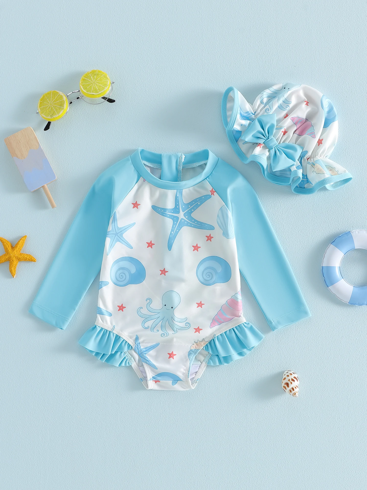 Toddler Boys Rash Guard Swimsuit Set Shark Print Short Sleeve Crew Neck Kids Bathing Suit with Swim Trunks and Hat