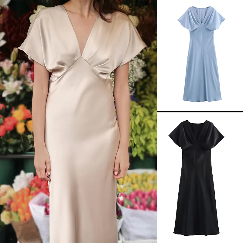 فستان نسائي صيفي موديل 2025 بأكمام قصيرة فستان ميدي مثير بياقة على شكل حرف v مطوي فساتين متينة للحفلات المسائية أنيقة 4 ألوان