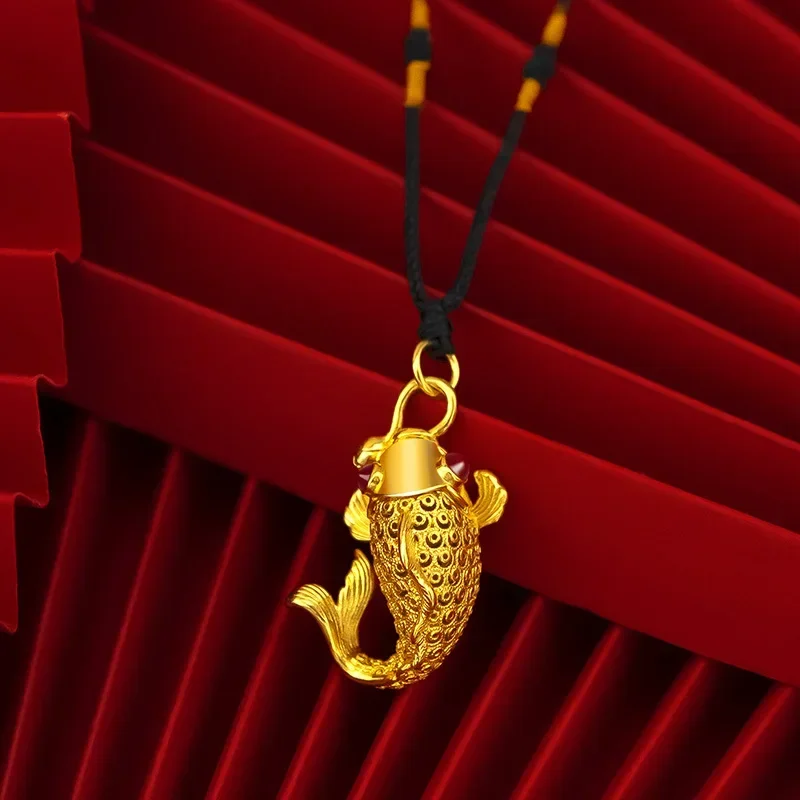 9999 Real Gold 24K Tianguan Blessing Series Hollow Retro Carp Pendant Men's and Women's Silk Goldfish Pendant