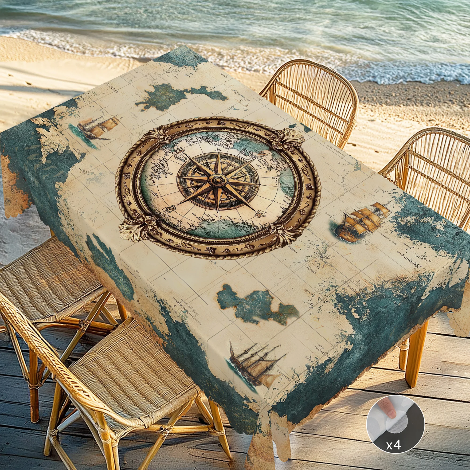 1 pièce de nappe imprimée sur le thème de l'océan rétro, style ferme de campagne, boussole, carte, motif de bateau, adaptée au pique-nique de style camp de printemps et d'été, fête de vacances, accessoires de cuisine, terrasse de restaurant, nappe intérieure et extérieure, cadeau parfait pour les amis, plusieurs tailles disponibles