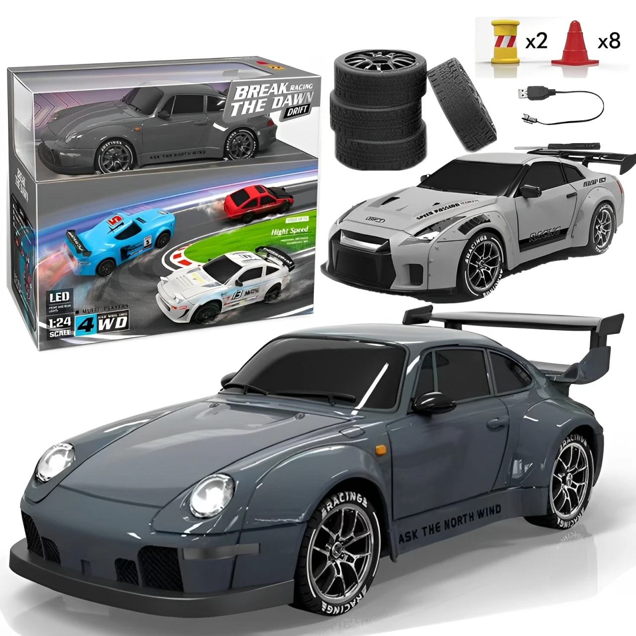 

1:24 Remote Control Drift Car Racing Electric Racing Car 2.4Ghz 4WD RC Car with Lights Tires Road Obstacle Tools Birthday Gift