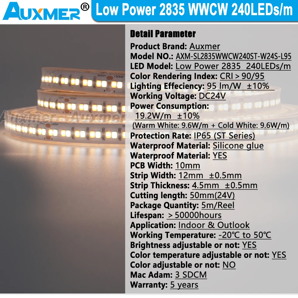 Low Power 2835 CCT LED Strip 240LEDs/m 19.2W CRI95/90 IP65 Waterproof Led Tape WWCW Color Temperature Adjustable DC24V Light LED