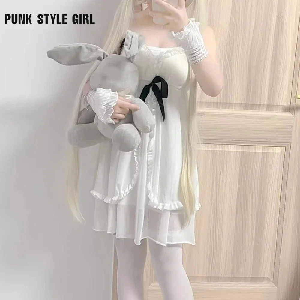 Bianco dolce anime costume cosplay ragazza dolce lolita vestito fionda sexy kawaii pigiama giapponese camicia da notte estiva volant indumenti da letto