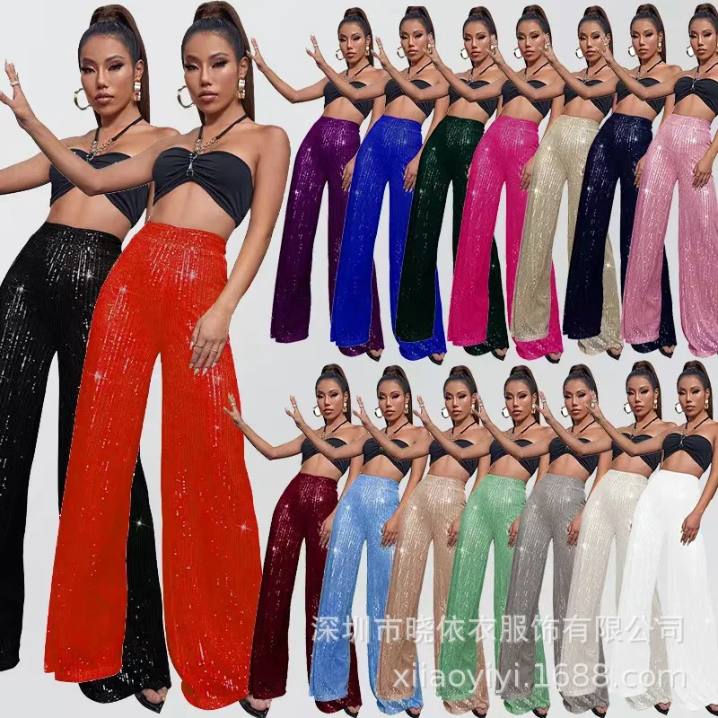New Women's Solid Color Wide-leg Pants Casual Fashion Elegant Black Sequins Holiday For Women Long Pant Womens Clothing