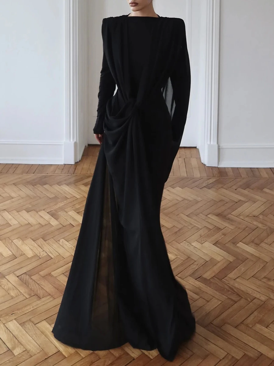 TWOTWINSTYLE التخسيس تقسم الشريط فساتين الموضة للنساء الجولة الرقبة طويلة الأكمام المرقعة طيات فستان أنيق الإناث جديد