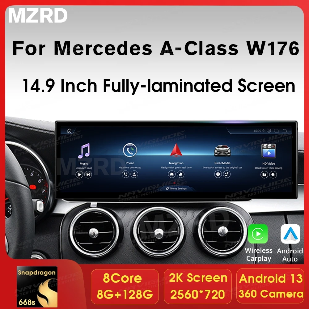 MZRD 14.9 Inch Android 13 Car Radio Stereo For Mercedes Benz A Class W176/GLA C117 2013-2018 Auto Carplay Smart Car Systems GPS