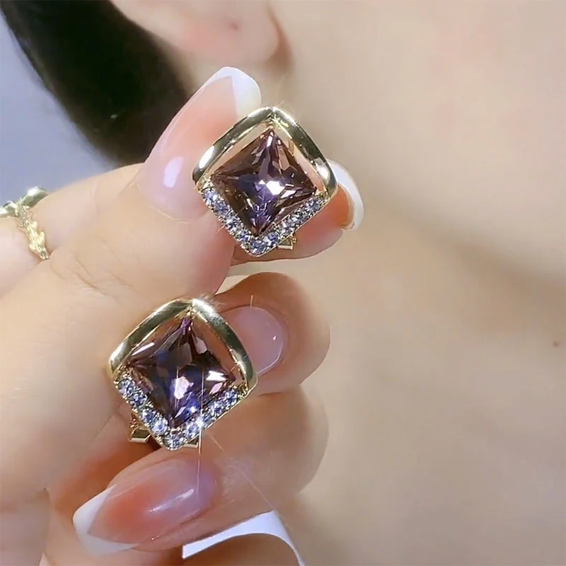 

Square Purple Crystal Rhinestone Stud Earrings for Women New Fashion Unique Design Personalized Girls Party Trend Jewelry Gift