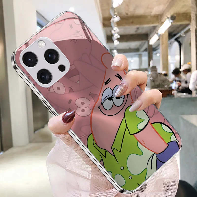 S-SpongeBobes Phone Case for IPhone 16 15 14 13 12 11 Pro Max X XR XS MAX 8 7 Plus Shockproof Cartoon Metallic Paint Glass Shell