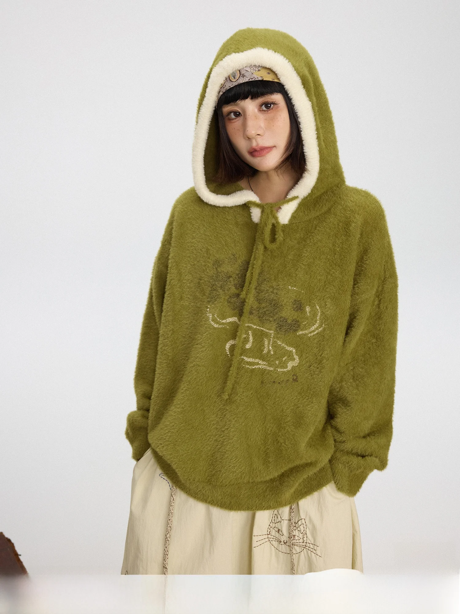 

Adorable Cartoon Print Hooded Sweater Adjustable Dstring Design Sweet Sle Loose Fit Regular Sve Women's Online Exclusive