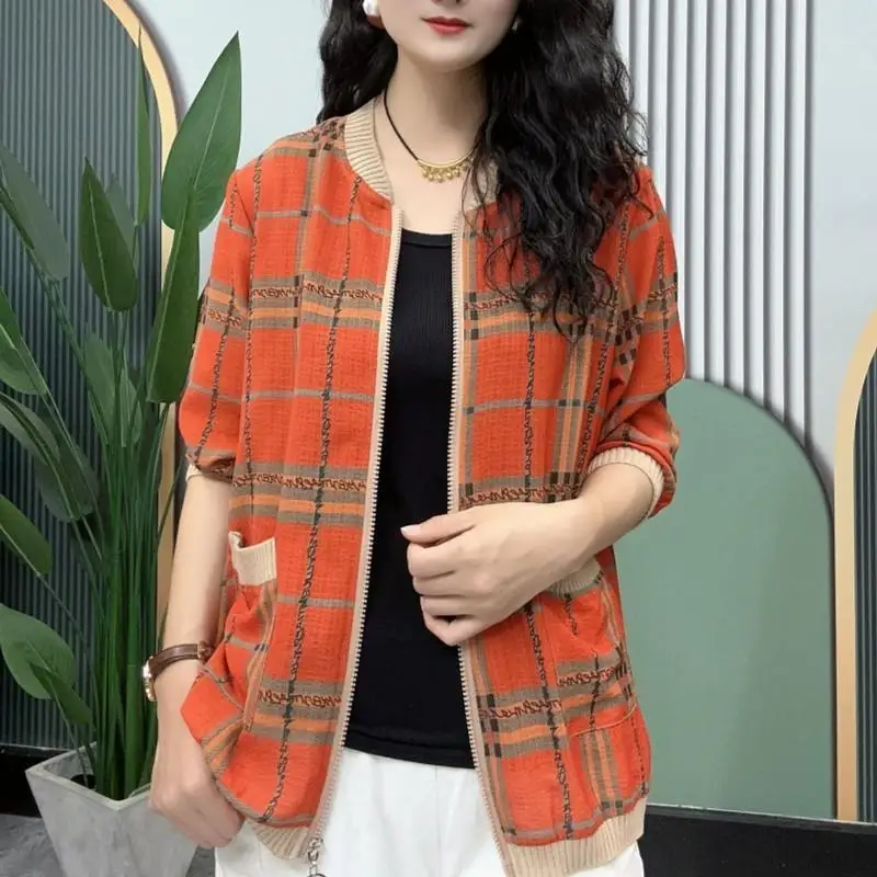 Damenmode Vintage Plaid Reiß verschluss Mantel lässig weibliche Kleidung Kontrast farbe Langarm Pendelt aschen gespleißt Strickjacke