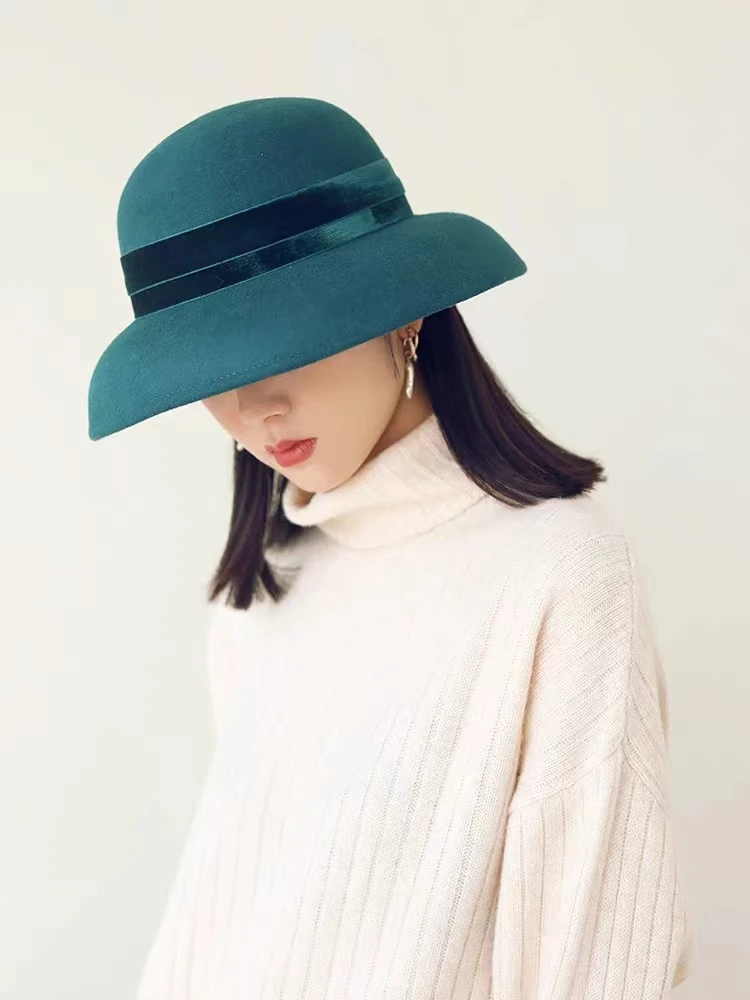 Autumn and Winter 100% Wool Hat Bell Hat Women\'s French Elegant Retro Hepburn Round Top Big brim Hat