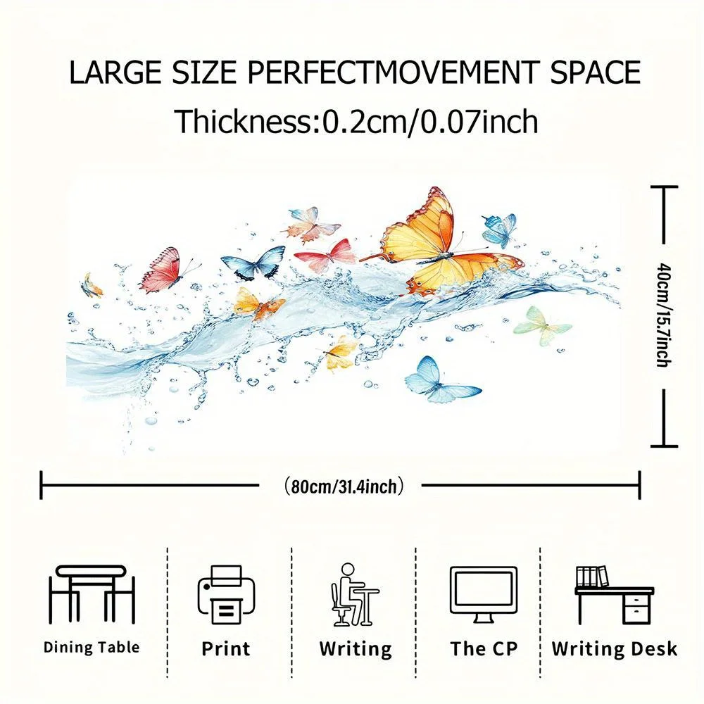 1pc Butterfly and Splash Water Design Desk Mat, Multi-Functional Computer Mouse Pad, with Non-Slip Rubber Base, for Home and Off
