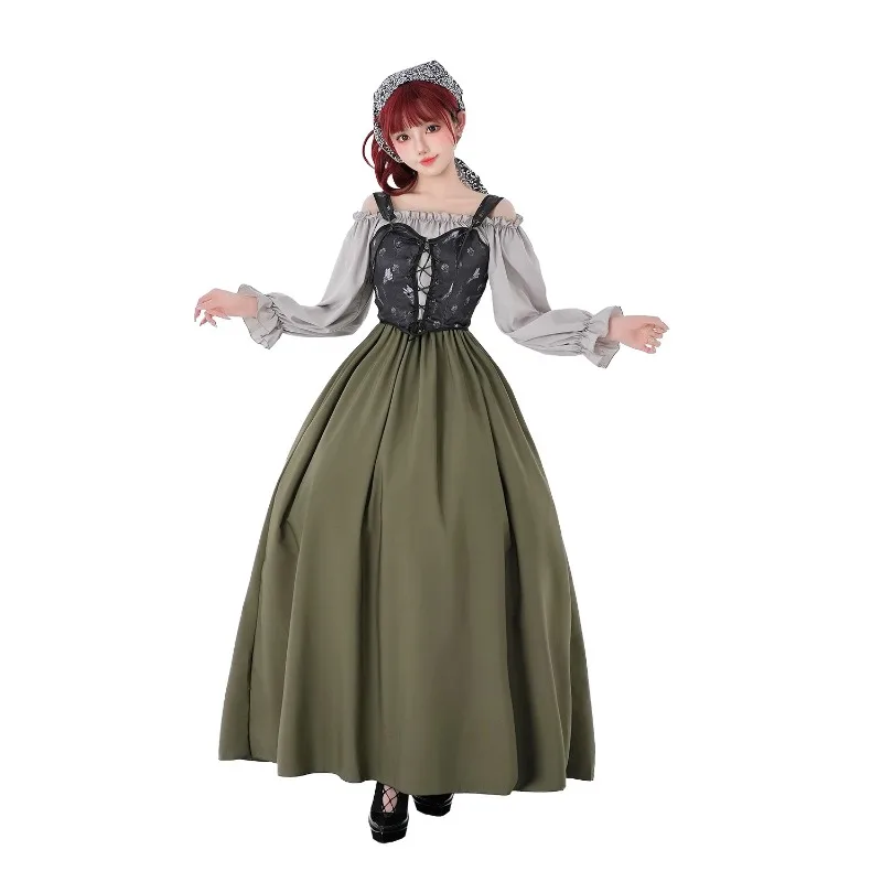 2025 New Halloween Medieval Renaissance Women's Long Sleeved Dress Beer Festival Performance Costume Palace Style Stage Play