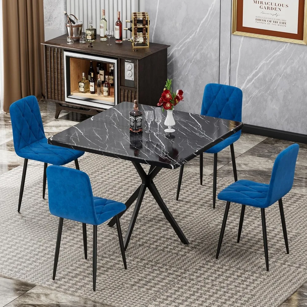 

Square Dining Table Set for 4, Mid Century Modern Kitchen Table Set with Faux Marble Tabletop,Iron Legs and 4 Upholstered Chairs