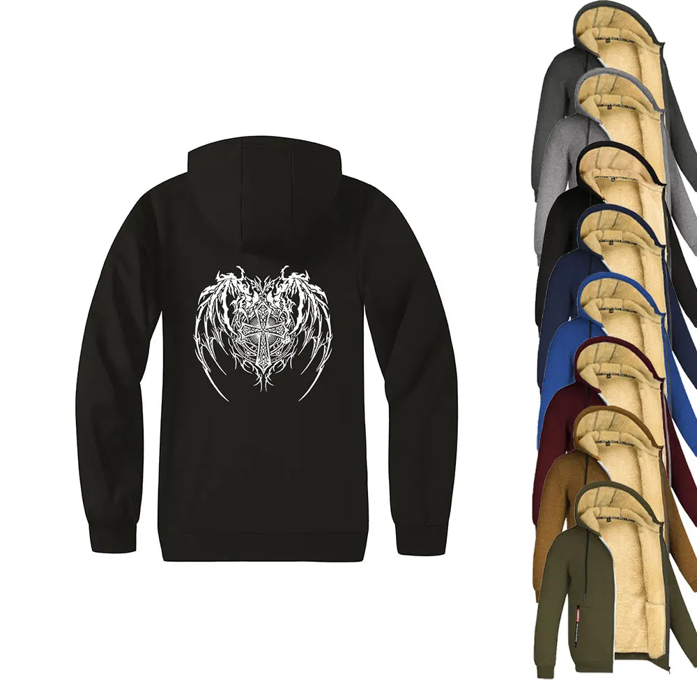 

Trendy Coat Cross Wings Printing Front Pockets Warm Zipper Lined Heavyweight Jacket Men Woman Winter Plush Lined Cardigan Hoodie