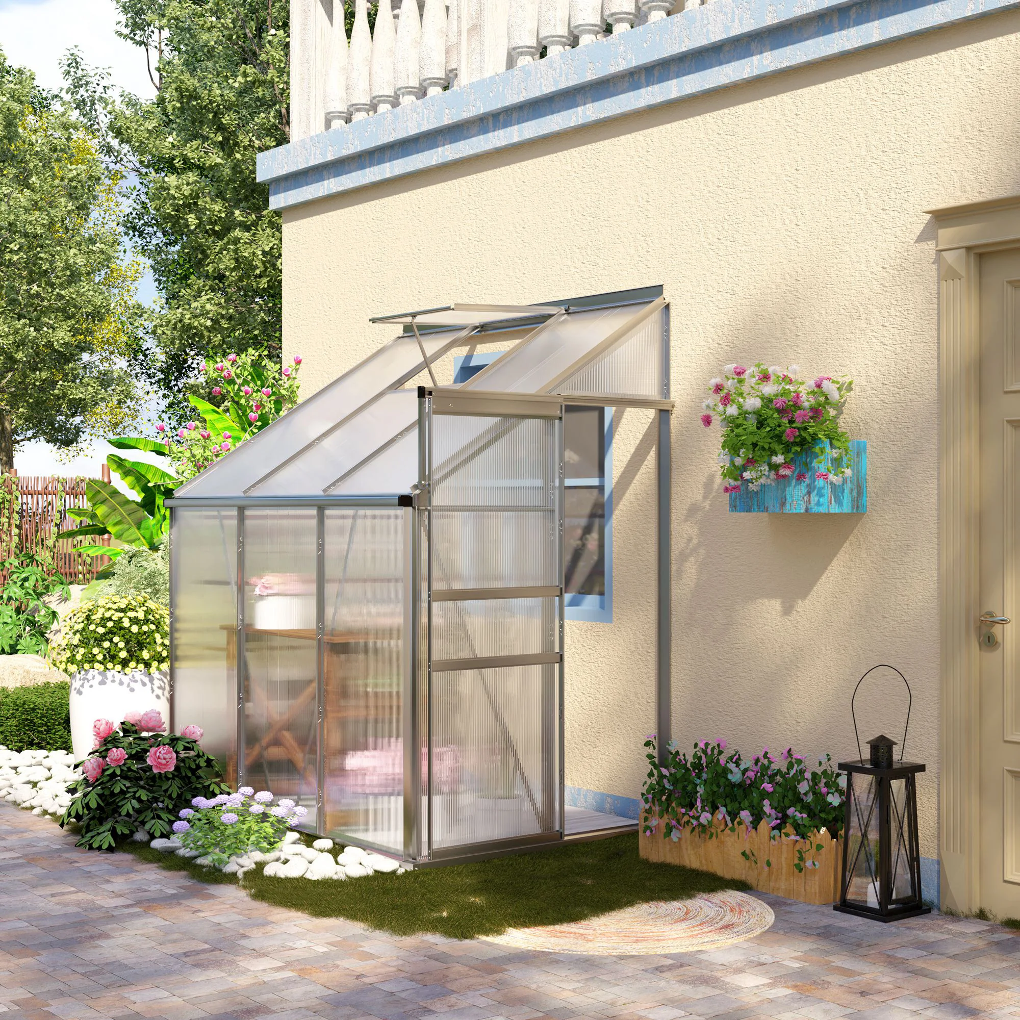6x4ft Aluminum Lean-to Greenhouse, Polycarbonate Walk-in with Adjustable Roof Vent, Rain Gutter & Sliding Door, Clear