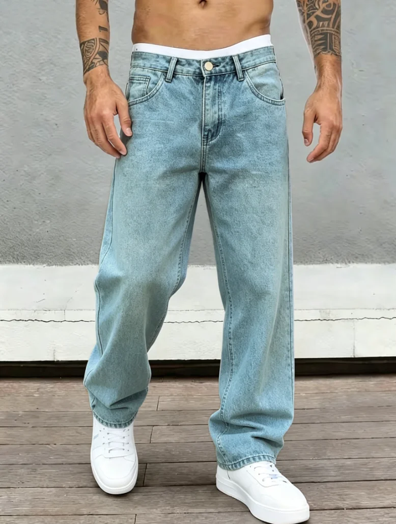 Men'S Casual Trendy Loose Fashion Versatile Straight Jeans