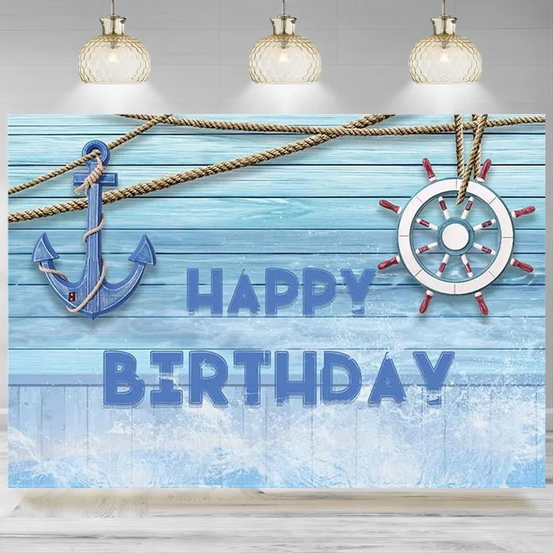 

Nautical Sailing Background Birthday Voyage Backdrop Captain Party Decor Boat Anchor Rudder Wooden Wall Photography Banner