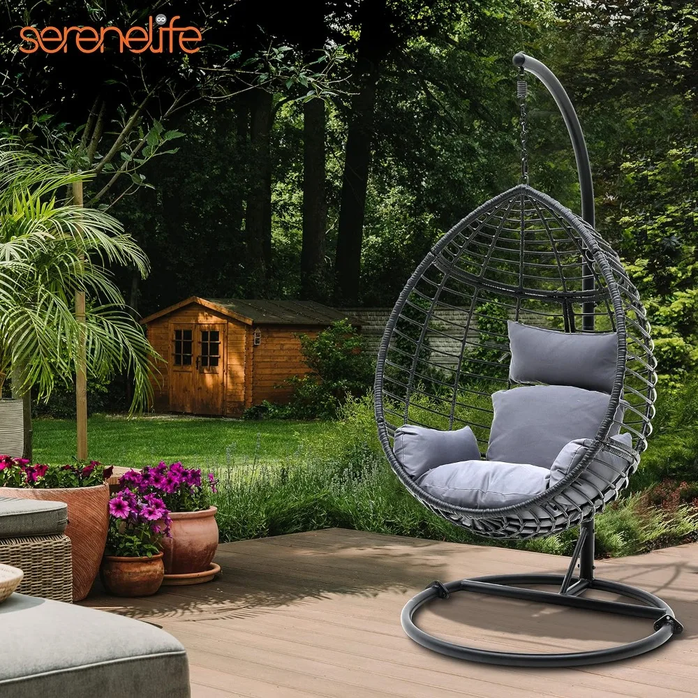 

Steel Frame Outdoor Chair Hanging Egg Chair With Stand - Outdoor Patio Wicker Rattan Lounge Chair Garden Swing Swings Furniture