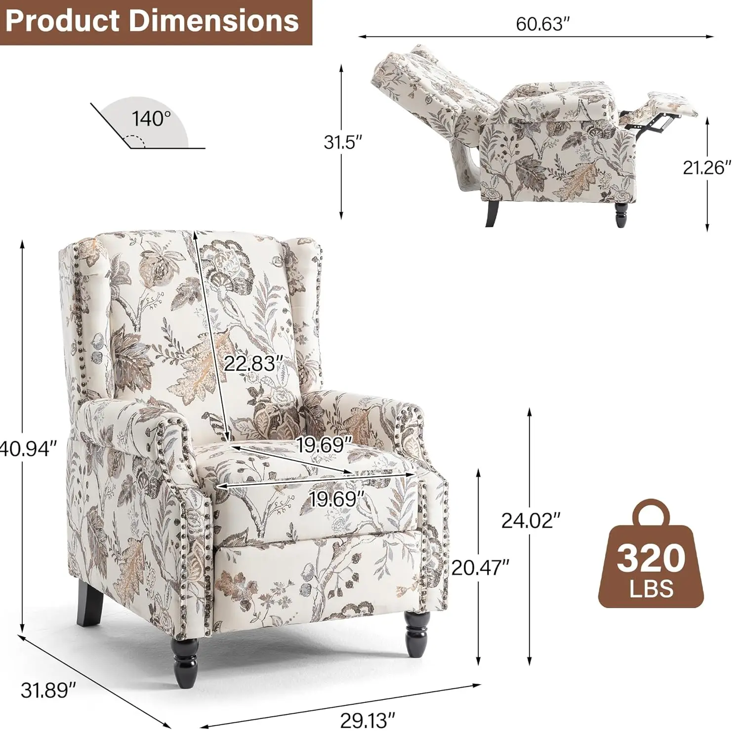 #Floral Fabric Wingback Recliner Chair Set of 2 Pushback Upholstered Armchair Wood Legs Living Room, Customized
